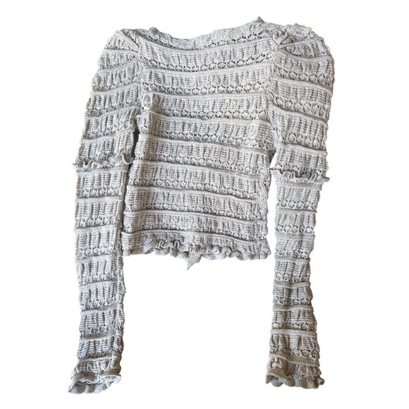 Free People Wild Roses Cardi Ruffle Lace Knit Cardigan Light Soft Grey XS New - Picture 12 of 13